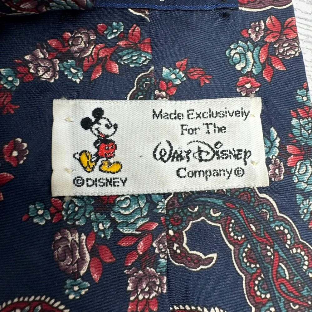 Disney Mickey‎ Mouse Paisley Floral Silk Necktie Navy Blue Vintage Mens Tie